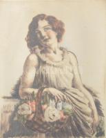 Prihoda István (1891-1965): Lány virágkosárral. Színezett rézkarc, papír, üvegezett fakeretben, 25×20 cm