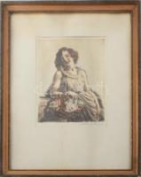Prihoda István (1891-1965): Lány virágkosárral. Színezett rézkarc, papír, üvegezett fakeretben, 25×2...