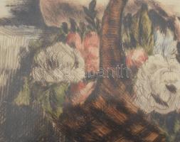 Prihoda István (1891-1965): Lány virágkosárral. Színezett rézkarc, papír, üvegezett fakeretben, 25×2...