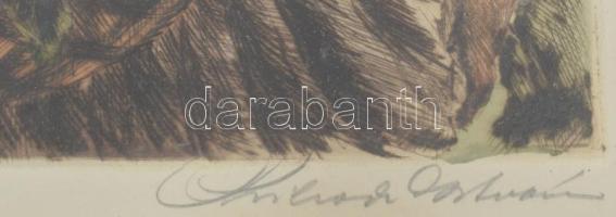 Prihoda István (1891-1965): Lány virágkosárral. Színezett rézkarc, papír, üvegezett fakeretben, 25×2...