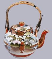 Japán vékonyporcelán teás kanna és 2 csésze alátéttel, jelzett