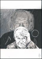 Lantos Péter (1977-): Krasznahorkai László (friss Nobel-díjas) és Tarr Béla filmrendező. Tus, akvarell, papír, jelzett, hátoldalán autográf felirattal. 29,5x21 cm