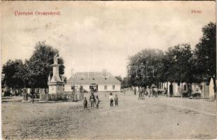 1909 Oroszvár, Rusovce (Pozsony, Pressburg, Bratislava); Fő tér, Szentháromság szobor, Bader vendéglője. Kiadja Grósz József / main square, Trinity statue, restaurant (fa)