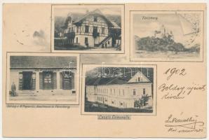 1902 Törcsvár, Törzburg, Bran-Poarta, Bran; Hotel Bucegiu szálloda, vár, községháza, N. Popovici üzlete és saját kiadása / hotel, castle, town hall, publisher's shop. Art Nouveau (EK)