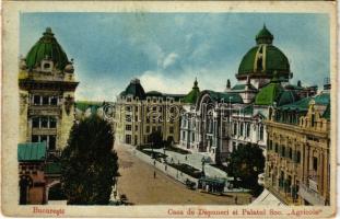 Bucharest, Bukarest, Bucuresti, Bucuresci; Casa de Depuneri si Palatul Soc. "Agricola" / Depository Palace, tram, Grand Hotel (EK)