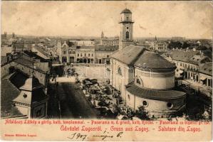 1907 Lugos, Lugoj; látkép a görögkatolikus templommal, piac, üzletek. Nemes Kálmán kiadása / Panorama m. d. griech. kath. Kirche / Panorama cu biserici gr. cat. / general view, Greek Catholic church, market, shops (ázott / wet damage)
