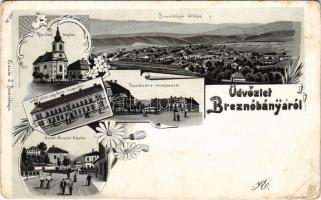 1899 Breznóbánya, Brezno nad Hronom; Római katolikus templom, látkép, M. kir. állami polgári fiú és leányiskola, piac, városháza, Szent Kereszt kápolna. Kreisler J. kiadása / Catholic church, general view, school, market, town hall, chapel. Art Nouveau, floral, litho (kopott sarkak / worn corners)