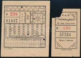 2 db közlekedési jegy: FAÜ (Fővárosi Autóbuszüzem), FVKV (Fővárosi Villamosvasút Községi Vállalat)