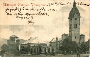 1900 Szinérváralja, Szinyérváralja, Seini; templom, Boér Károly üzlete / church, shop (ragasztónyom / glue marks)