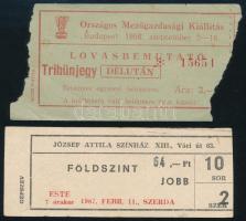 1956 Bp., Országos Mezőgazdasági Kiállítás, lovasbemutató tribünjegy + 1987 József Attila Színház belépőjegy