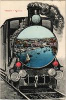 1913 Trieste, Trst, Trieszt; Panorama, Saluti a grande velocitá / view, montage with locomotive (EK)