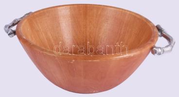 Nagyméretű fa salátás tál, fém fogóval, kis kopással, d: 35 cm