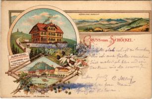 1899 Schöckl, Schöckel; Nördliche Aussicht, Alpen-Hotel Stubenberghaus, Graz. Lith. Senefelder / view, hotel. Art Nouveau, floral, litho (cut)