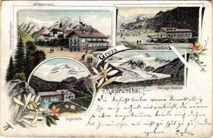 1897 Kaprun, Kaprunerthal (Zell am See), Kitzsteinhor, Rainerhütte, Karlinger Gletscher, Orglerhütte. Philipp Sohn / view, hotel. Art Nouveau, floral, litho (worn corners)