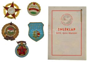 Vegyes 6 db szocialista zománcozott bronz jelvény, közte: "Barátság 1988" + "MHSZ Általános Honvédelmi Oktatás" + "II. Osztályú Sportoló" + "Kiváló Munkásőr" + "A Belkereskedelem Kiváló Dolgozója" + "Véradásért" zománcozott bronz jelvény emléklappal