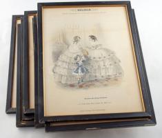 1856 Divat-kép metszetek, 9 db. A Friebeisz István által szerkesztett Délibáb folyóirat mellékleteként jelentek meg. Pest, Beimel J. és Kozma Vazul, üvegezett fa keretekben, az egyik üveg nélkül, az egyik foltos, 31x24 cmx9