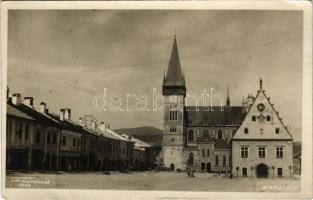 1928 Bártfa, Bardiov, Bardejov; Fő tér, Szent Egyedtemplom / Bosak state bank, Americko Slovenska banka / main square, bank, church, shops, photo