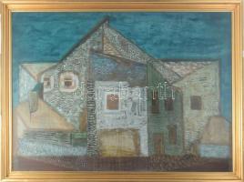 Tilless Béla (1932?2018): Házak a városfalnál. Olaj, farost, jelzett hátodalán autográf felirattal. 60x80 cm Keretben