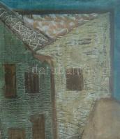 Tilless Béla (1932?2018): Házak a városfalnál. Olaj, farost, jelzett hátodalán autográf felirattal. ...