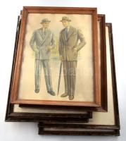 cca 1938-1939 "The well dressed Gentlemann. Luxury Edition.", 6 db nagyméretű divatkép, üvegezett fakeretekben, foltosak, 2 keret kivételével a többi keret sérült, 45x29 cmx4, 38x29 cmx2