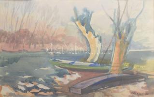 Kőhegyi Gyula (1933-): Csónakok a mederben. Akvarell, papír. Jelzett, üvegezett keretben 32x35 cm