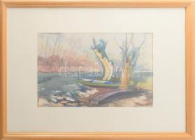 Kőhegyi Gyula (1933-): Csónakok a mederben. Akvarell, papír. Jelzett, üvegezett keretben 32x35 cm