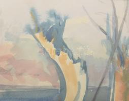 Kőhegyi Gyula (1933-): Csónakok a mederben. Akvarell, papír. Jelzett, üvegezett keretben 32x35 cm