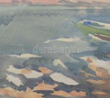 Kőhegyi Gyula (1933-): Csónakok a mederben. Akvarell, papír. Jelzett, üvegezett keretben 32x35 cm