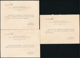 1930 Bp., meghívók az "Association Internationale pour la Protection de la Propriété Industrielle" kongresszusi bizottságának a Szent Gellért Szállodában tartott zártkörű ülésére, 5 db, az egyik ebédre/vacsorára jogosító kuponokkal