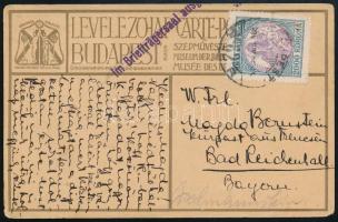 1924 Levelezőlap Koronás Madonna 2000K bérmentesítéssel, a bélyegen céglyukasztás nyomával, "BUDAPEST" - Bad Reichenhall