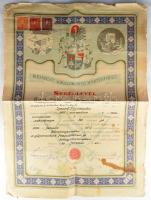 1914 Budapesti Építő Mestere, Kőműves-, Kőfaragó- és Ács Mesterek Ipartestülete által kiállított kőműves bizonyítvány, kis lapszéli szakadásokkal + 1930 Budapesti Sokszorosító Ipartestület által kiállított könyvnyomdász segédlevél, viseltes állapotban