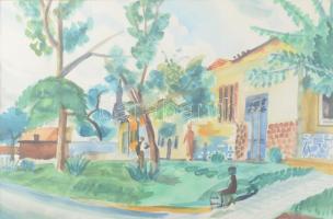 Gerő András (1933-): Az egri Rákóczi úton. Akvarell, papír, Jelzett, üvegezett keretben 30x45 cm