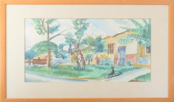 Gerő András (1933-): Az egri Rákóczi úton. Akvarell, papír, Jelzett, üvegezett keretben 30x45 cm