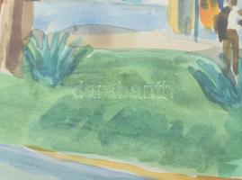 Gerő András (1933-): Az egri Rákóczi úton. Akvarell, papír, Jelzett, üvegezett keretben 30x45 cm