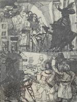 Kondor Béla (1931-1972): Illusztráció , rézkarc, papír, jelzés nélkül, paszpartuban, 13x9 cm Üvegezett keretben