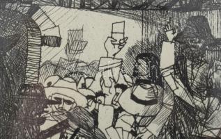 Kondor Béla (1931-1972): Illusztráció , rézkarc, papír, jelzés nélkül, paszpartuban, 13x9 cm Üvegeze...