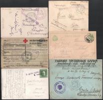 6 db küldemény az I. világháború időszakából (tábori posta, hadifogoly levelezőlap, cenzúrák stb.)