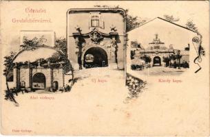 1902 Gyulafehérvár, Karlsburg, Alba Iulia; Alsó várkapu, új kapu, Károly kapu. Papp György kiadása / gates. Art Nouveau, floral, litho (fa)