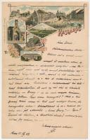 1924 Kassa, Kosice; Fő utca, székesegyház, Szent Mihály kápolna, Gazdasági tanintézet, villamos. Mildner Ferenc kiadása, kihajtható levél - nem képeslap / main street, cathedral, chapel, agricultural school, tram. O.Z.M. Art Nouveau, floral, litho - fold-out letter (non PC) (szakadások / tears)