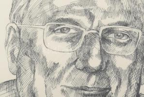 Kőhegyi Gyula (1933-): Önarckép. Tus, papír. Jelzett, üvegezett keretben 35x24 cm