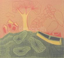 Kőhegyi Gyula (1933-): Csónakok. Színes linómetszet. papír. Jelzett, próbanyomat, üvegezett keretben 16x21 cm