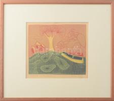 Kőhegyi Gyula (1933-): Csónakok. Színes linómetszet. papír. Jelzett, próbanyomat, üvegezett keretben...