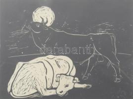 Kőhegyi Gyula (1933-): Birka tehenek. Linómetszet, papír. Jelzett, , üvegezett keretben 22x16 cm