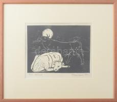 Kőhegyi Gyula (1933-): Birka tehenek. Linómetszet, papír. Jelzett, , üvegezett keretben 22x16 cm