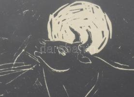 Kőhegyi Gyula (1933-): Birka tehenek. Linómetszet, papír. Jelzett, , üvegezett keretben 22x16 cm