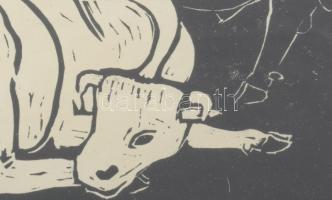 Kőhegyi Gyula (1933-): Birka tehenek. Linómetszet, papír. Jelzett, , üvegezett keretben 22x16 cm