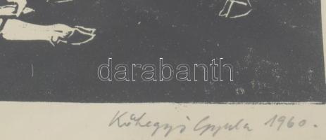 Kőhegyi Gyula (1933-): Birka tehenek. Linómetszet, papír. Jelzett, , üvegezett keretben 22x16 cm