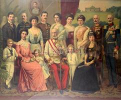 cca 1914-1916 Habsburg császári és király család, rajta I. Ferenc József, Károly főherceg, trónörökös (IV. Károly), Zita főhercegné, Otto főherceg, Mária Valéria főhercegnő, Ferenc Salvator főherceg, Lipót bajor királyi herceg és mások, papír, litográfia, üvegezett fa keretben, 39x50, keret: 43x55 cm