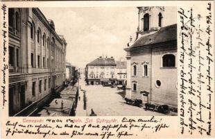 1904 Temesvár, Timisoara; Belváros, Szent György tér, lóvasút, Városi gyógyszertár, Várneky A., Warcz Dániel üzlete / square, horse-drawn tram, pharmacy, shops (apró szakadás / tiny tear)