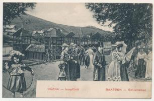 Báznafürdő, Bad Baassen, Baile Bazna; iszapfürdő, montázs emberekkel és hulahopp karikás kislánnyal. Fritz Guggenberger kiadása / Schlammbad / mud spa, montage with people and girl with hula hoop (fl)